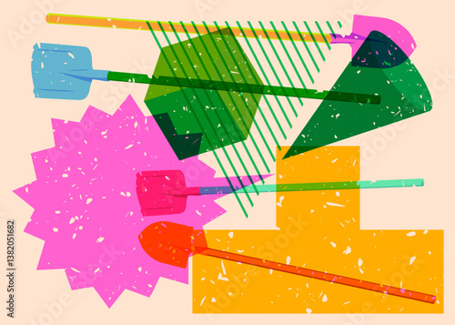 Risograph Spade, Shovel with speech bubble with geometric shapes. Objects in trendy riso graph print texture style design with geometry elements.
