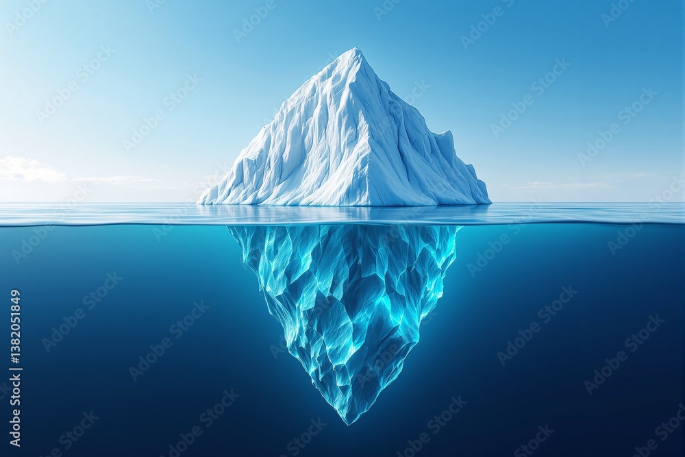 Large iceberg above and below ocean surface, stylized digital art, clear sky and calm sea background, concept of hidden depth and perception. Ai generative