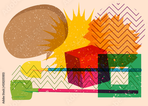 Risograph Spade, Shovel with speech bubble with geometric shapes. Objects in trendy riso graph print texture style design with geometry elements.