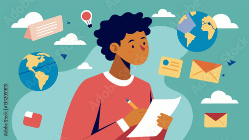 A high school student in Europe reflects on their pen pals letters from South America discussing topics such as music food and societal issues.. Vector illustration