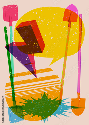 Risograph Spade, Shovel with speech bubble with geometric shapes. Objects in trendy riso graph print texture style design with geometry elements.