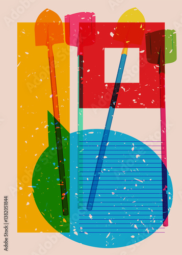 Risograph Spade, Shovel with speech bubble with geometric shapes. Objects in trendy riso graph print texture style design with geometry elements.