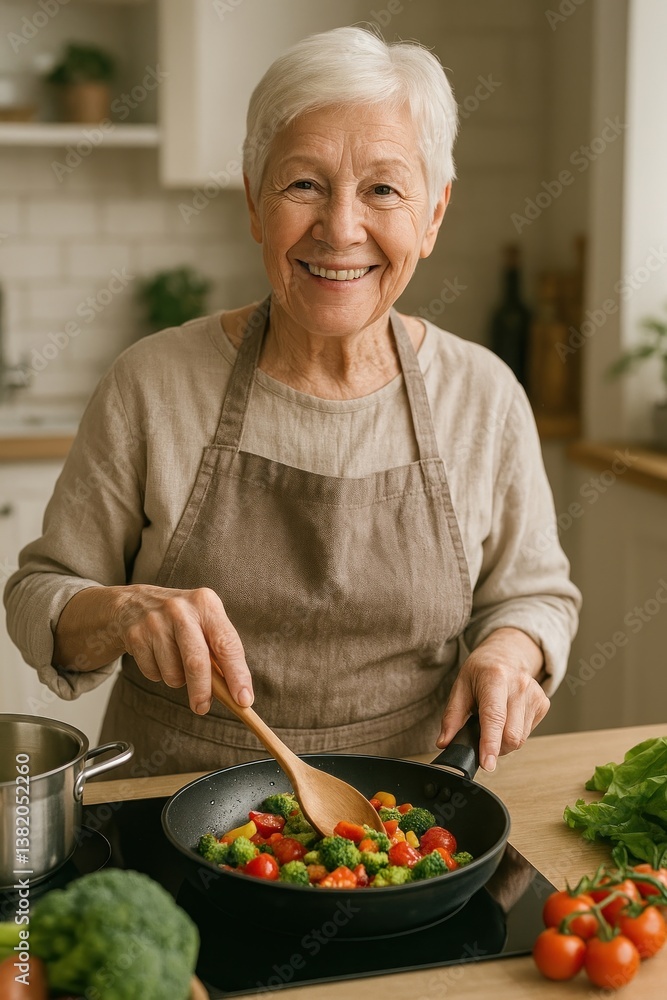 Elderly woman cooking vegetables.