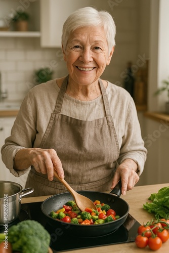 Obraz na płótnie Elderly woman cooking vegetables. w salonie