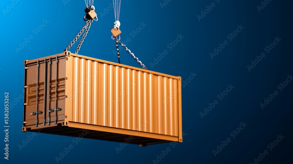 A large orange shipping container being lifted by a crane against a blue background