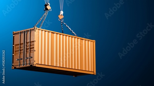 Obraz na płótnie A large orange shipping container being lifted by a crane against a blue background w salonie