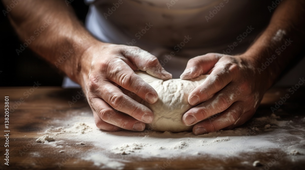 Hands Kneading Dough on Wooden Surface with Flour Dust Around Hands Kneading Dough on Wooden Surface with Flour Dust Around