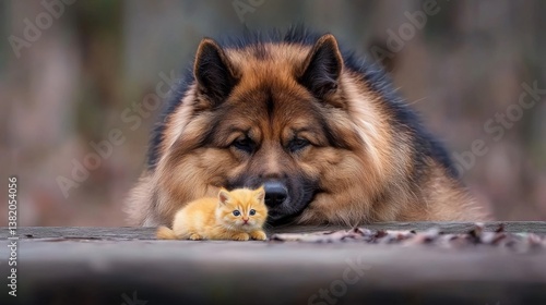 A fluffy dog and a small kitten share a peaceful moment together