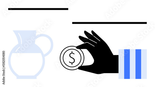 Black hand holding coin with dollar sign alongside a translucent water jug. Ideal for finance, economy, trade, investment, resource management, saving, minimalism. Flat simple metaphor