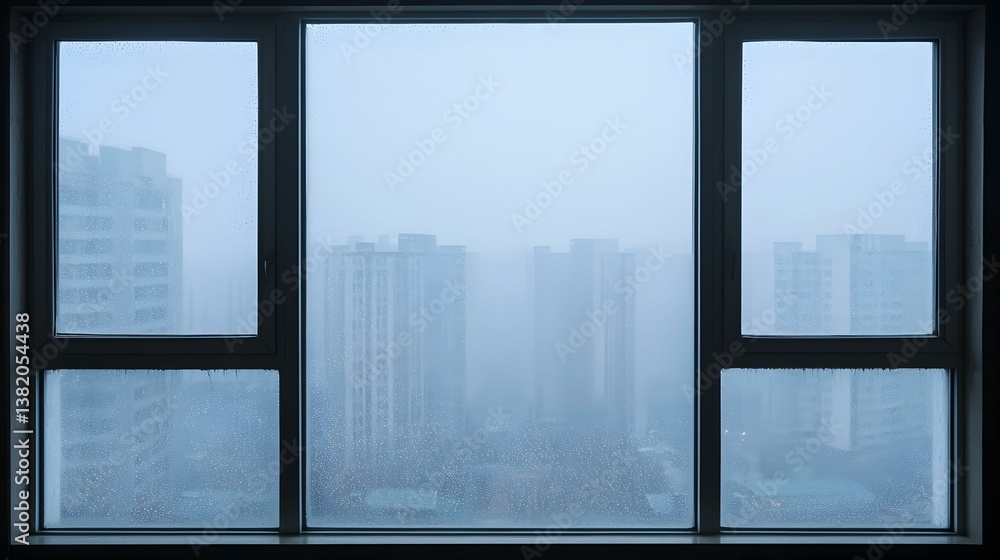 Fototapeta premium Foggy city view seen through a rain-streaked window. A moody, atmospheric image.