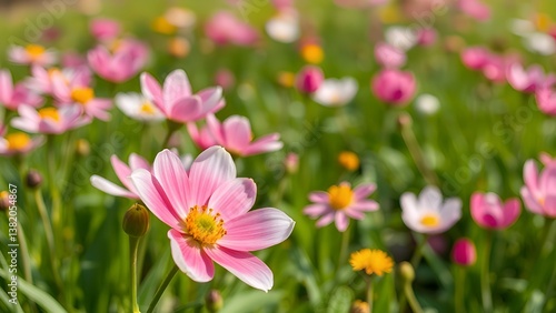 Vibrant pink and white flowers blooming in a lush green field. Natural beauty, spring freshness, and colorful floral display. Perfect for garden and nature themes.
