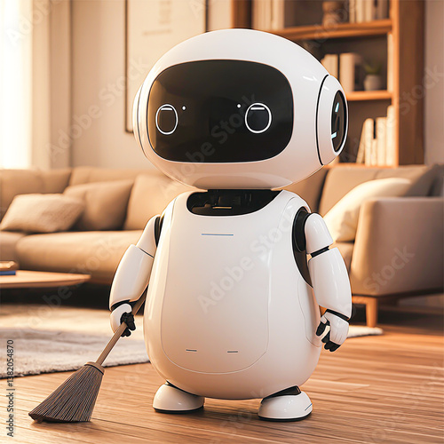 A cute robot is holding a broom to clean the house.