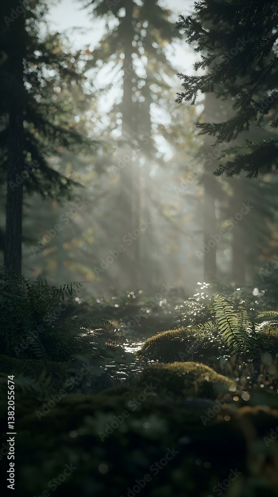 Sunbeams illuminate a mystical forest stream, ferns and moss thrive. Perfect for fantasy, nature, and serenity themes. Sunbeams illuminate a mystical forest stream, ferns and moss thrive. Perfect for fantasy, nature, and serenity themes.