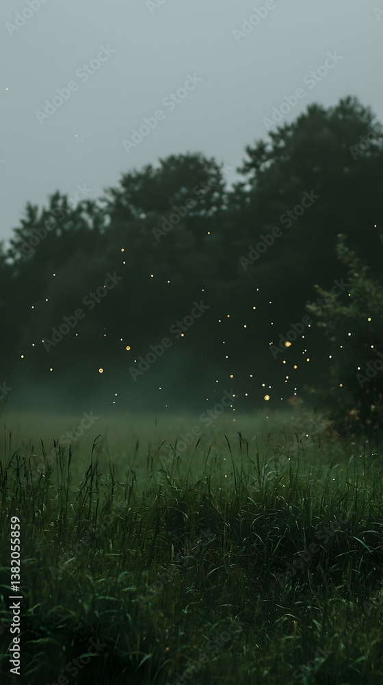 Fototapeta premium Magical fireflies illuminate a tranquil, misty field at twilight. Serene nature scene.