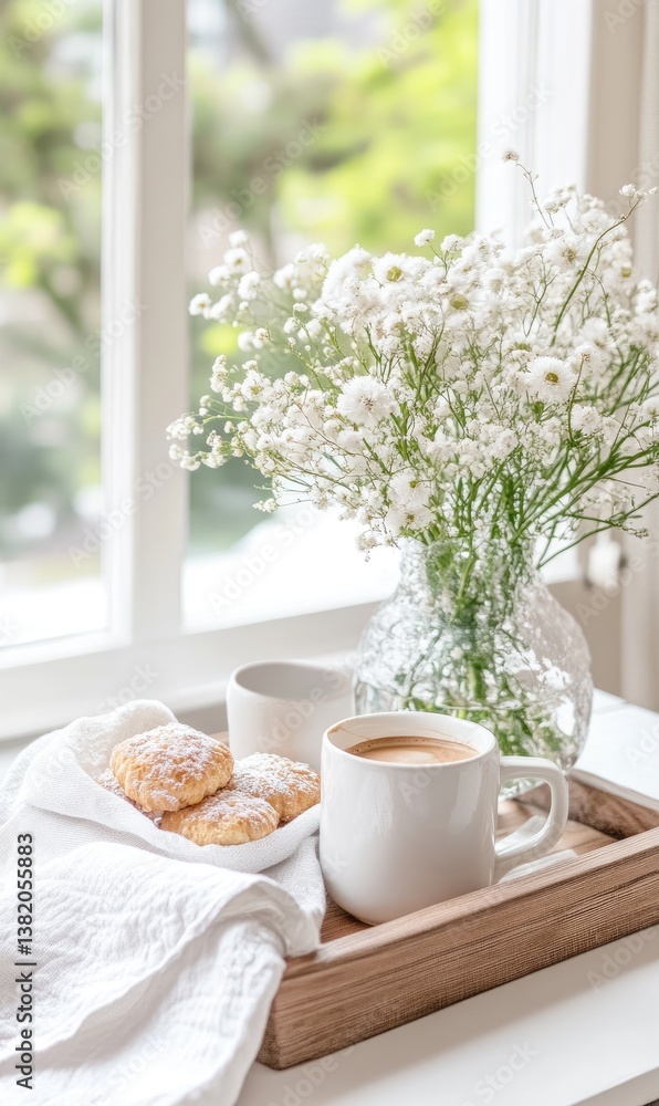 A cozy morning setup features a wooden tray holding a steaming cup of coffee and flaky pastries, accompanied by a vase of fresh white flowers near a sunlit window A cozy morning setup features a wooden tray holding a steaming cup of coffee and flaky pastries, accompanied by a vase of fresh white flowers near a sunlit window