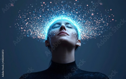 A celestial AI entity with an infinite neural halo whispering digital prophecies through streams of glowing data. Cosmic mind speaks future light.