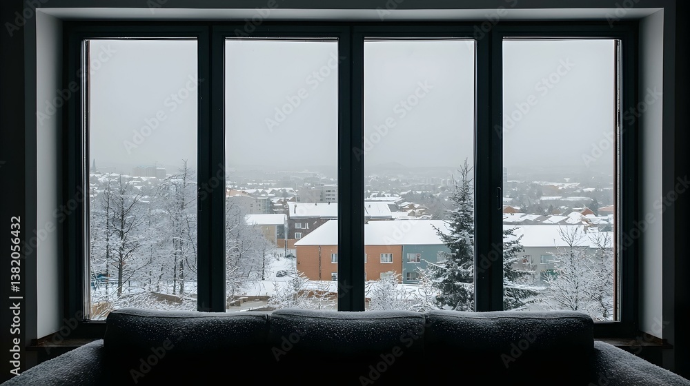 Fototapeta premium Snowy cityscape viewed from a cozy couch by a large window. Perfect for winter, home, and comfort themes.
