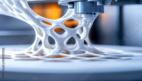 Innovative 3D printing machine creating a complex organic structure highlighting the precision and potential of additive manufacturing technology. New machine builds intricate shapes.