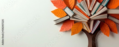 International literacy day concept with tree with books like leaves. Literacy education knowledge concept with color books on tree on white background focus cover all object. Reading