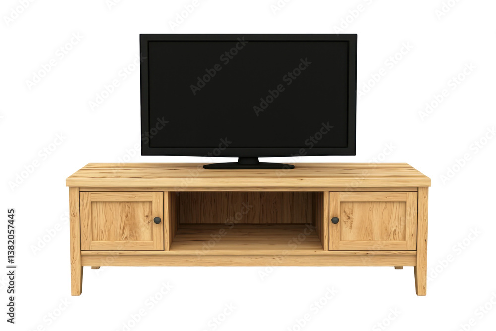 Simple design wooden TV stand with separate storage space below on white background. Simple design wooden TV stand with separate storage space below on white background.
