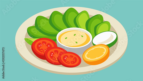 A selection of cucumber and bell pepper slices paired with a creamy hummus dip.. Vector illustration