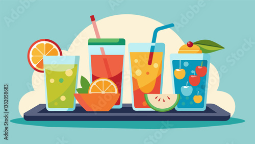 A selection of refreshing beverages like icecold lemonade iced tea and fruity mocktails to quench your thirst while enjoying all of the delicious. Vector illustration