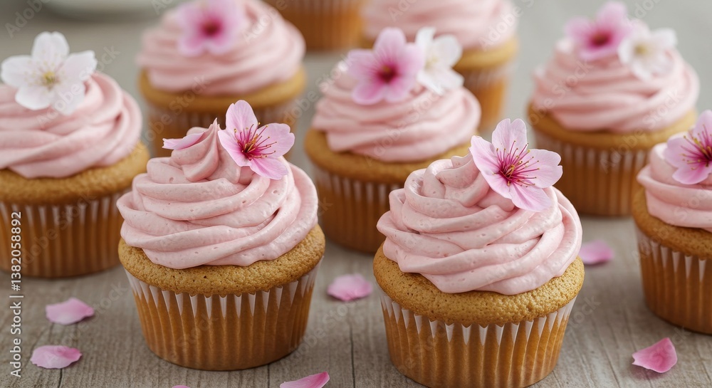 Beautiful cupcakes are decorated with pink frosting and flowers Beautiful cupcakes are decorated with pink frosting and flowers