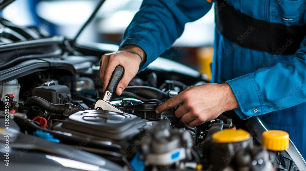 Mechanic working on car engine with wrench in garage wearing blue uniform showing engine components Mechanic working on car engine with wrench in garage wearing blue uniform showing engine components