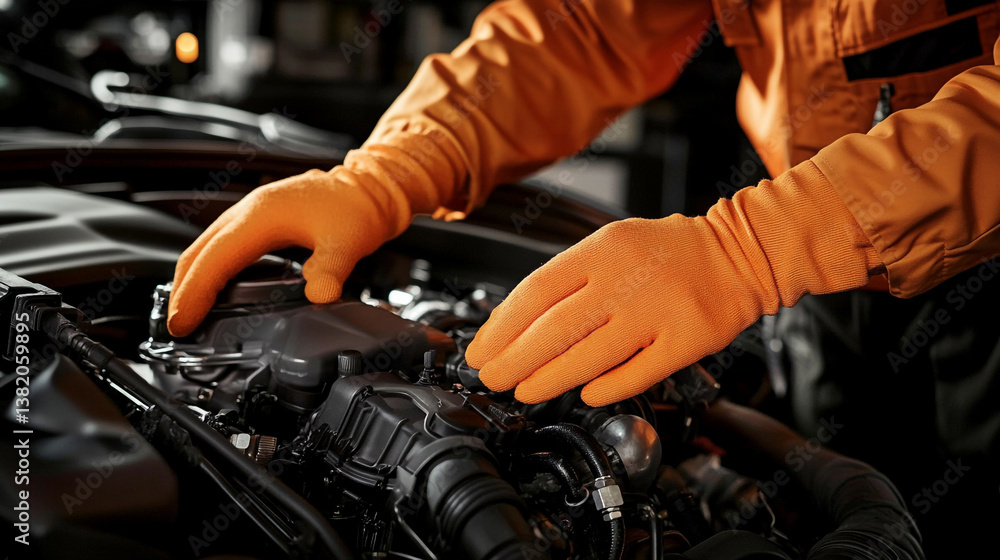 Mechanic in orange gloves working on a car engine in a garage with the hood open for repairs Mechanic in orange gloves working on a car engine in a garage with the hood open for repairs