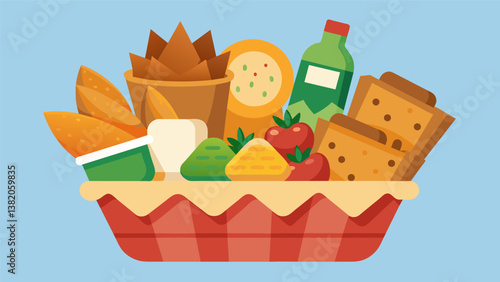 A basket of assorted crackers and dips providing different flavor combinations for snacking.. Vector illustration