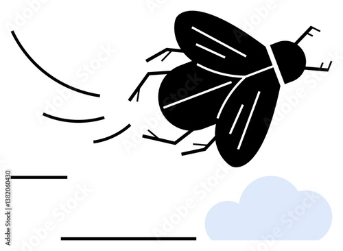 Black fly in flight with movement lines and a light blue cloud. Ideal for nature, biodiversity, ecology, pest control, biology, entomology, environmental awareness. Flat simple metaphor
