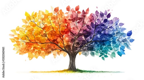 Rainbow leaves tree spreading wide shadow on white background
