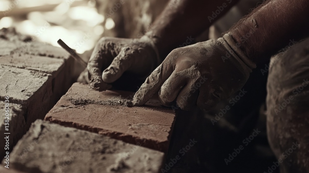A construction worker positioning bricks for a wall. Featuring craftsmanship and precision A construction worker positioning bricks for a wall. Featuring craftsmanship and precision