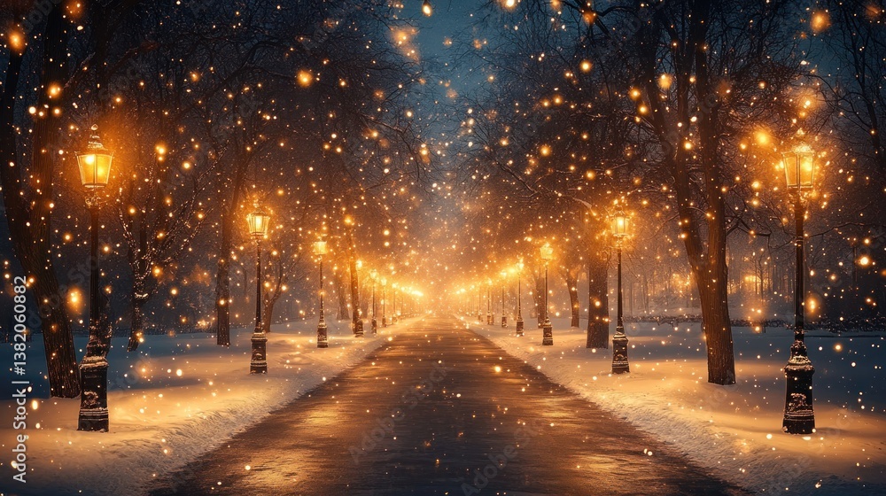 Magical Snowy Night: Enchanting Winter Walkway Magical Snowy Night: Enchanting Winter Walkway