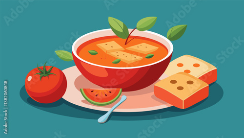 A bowl of warm and creamy tomato soup paired with a side of grilled cheese bites making for a comforting and hearty lunch choice for those working. Vector illustration