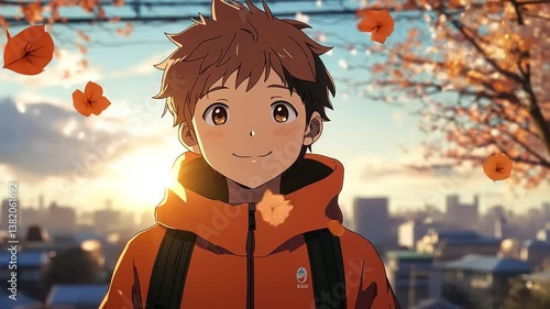 Smiling Boy Anime Sunset Scene