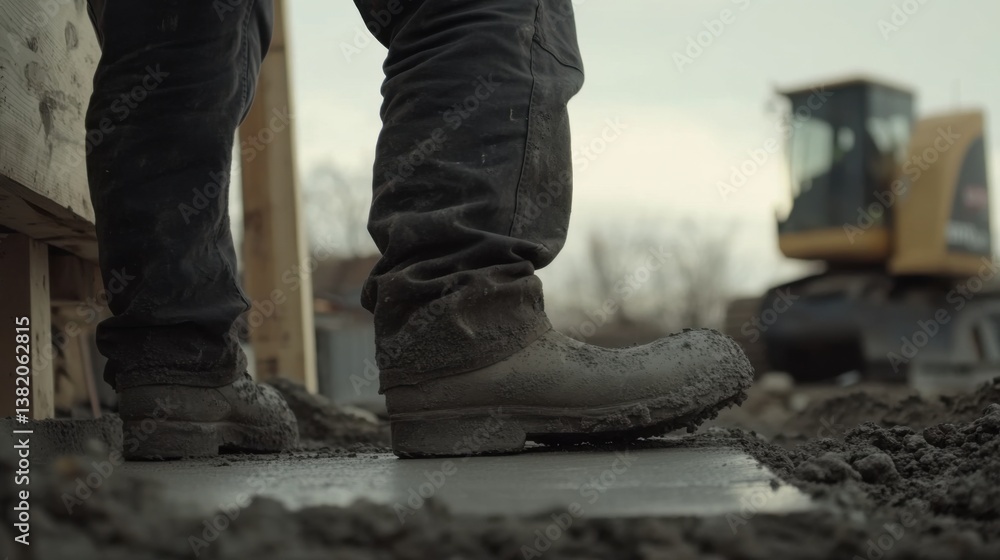 A construction worker preparing a concrete foundation for a building. Featuring precision and skill A construction worker preparing a concrete foundation for a building. Featuring precision and skill