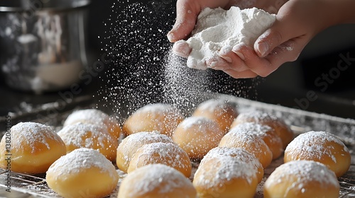 Professional Chef Adding Flour to Doughnuts - Culinary Preparation and Baking Concept Image