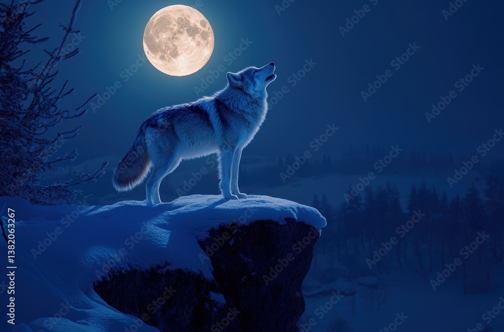 Fototapeta A majestic wolf standing on a snowy cliff, howling under
