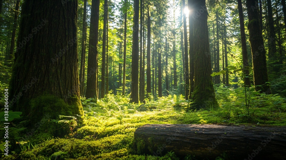 Obraz premium Serene Sunlight Streaming Through Lush Green Forest Trees
