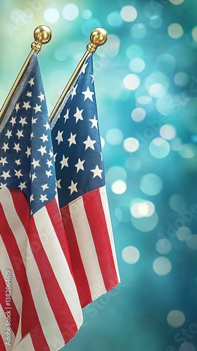 American Flags Draped Against a Soft Focus Blue Background