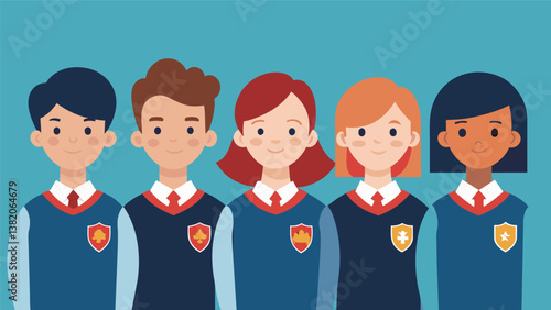 A group of students lining up to take a class photo all dressed in their schools signature colors and emblem.. Vector illustration