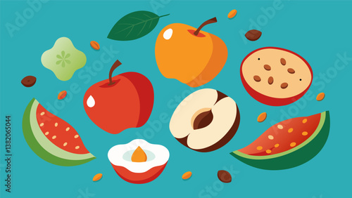 A selection of organic snacks including coconut chips apple slices and goji berry trail mix.. Vector illustration