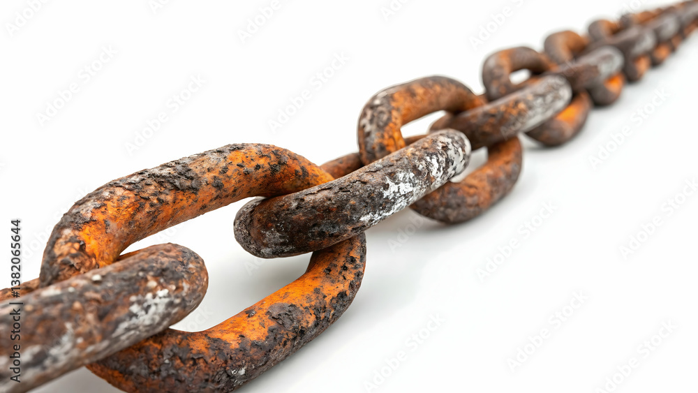 Obraz premium A crisp photograph of a heavy-duty chain coiled neatly, industrial and robust, front-facing view,Industrial chain on a white background,Weathered Rusty Chain Isolated on White Background for Industria