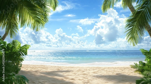Tranquil Beach Scene with Palm Trees and Bright Blue Sky
