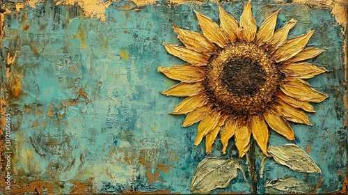 A textured oil painting of a sunflower with gold leaf details.