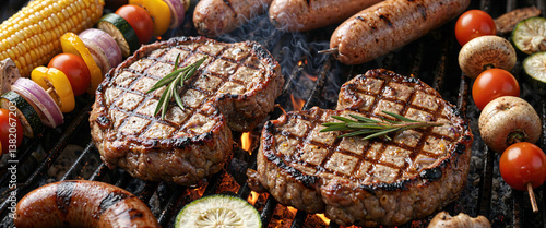 Grilled Steaks Sausages Vegetables on BBQ Grill Summer Food
