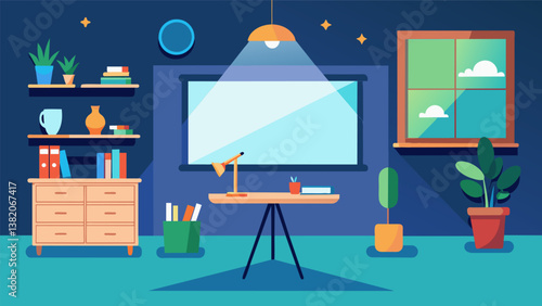 A brightly lit room with a whiteboard serving as a makeshift projector screen showcasing a virtual lesson from the teacher.. Vector illustration