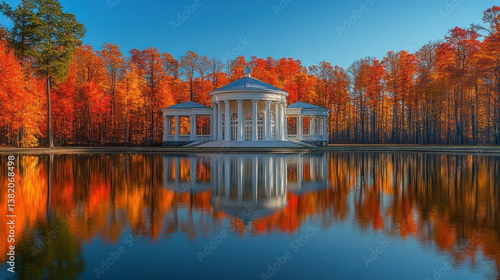 Obraz premium Autumnal Reflection: A Serene Gazebo by the Lake