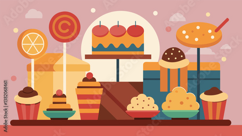 A creative display of baked goods including decorative cookies and cake pops catching the attention of passersby and drawing more customers to the bake sale.. Vector illustration